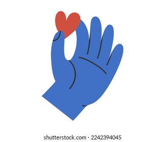 Hand drawn cute illustration of hand with heart. Flat vector giving love and help to charity in simple colored doodle style. Philanthropy, volunteer, Valentine's Day sticker, icon or print. Isolated.