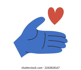 Hand drawn cute illustration of hand with heart. Flat vector giving love and help to charity in simple colored doodle style. Philanthropy, volunteer, Valentine's Day sticker, icon or print. Isolated.