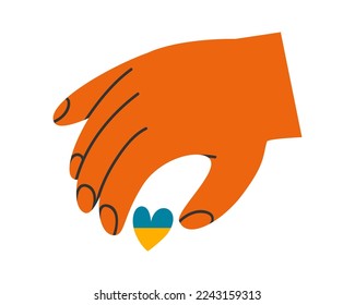 Hand drawn cute illustration of hand with heart in colors of Ukrainian flag. Flat vector giving love and help to charity in colored doodle style. Volunteer, Ukraine support sticker, icon. Isolated.