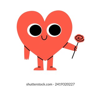 Hand drawn cute illustration heart character with rose in hand. Love feeling symbol character in doodle style. Valentine's Day mascot sticker, icon or print. Holiday romantic gift. Isolated on white.