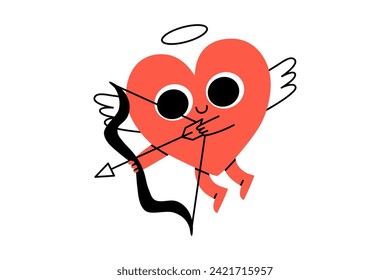 Hand drawn cute illustration heart character with halo and wings. Fall in love feeling or cupid in doodle style. Valentine's Day holiday romantic mascot with bow and arrow sticker or icon. Isolated.