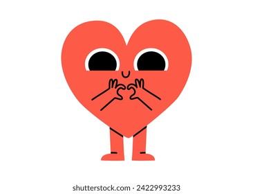 Hand drawn cute illustration heart character makes heart with arms. Fall in love feeling character in doodle style. Valentine's Day holiday romantic mascot with hand gesture sticker, icon. Isolated.