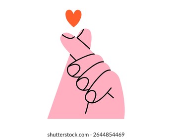 Mão desenhada ilustração bonito do sinal do dedo do coração. Apaixonar-se sentindo mão gesto rabiscar. Dia dos Namorados feriado romântico conceito adesivo, ícone. Apoio e bondade emocional. Isolado.
