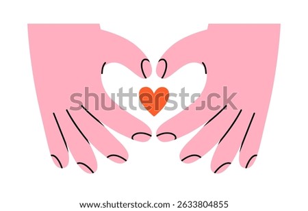 Hand drawn cute illustration of heart with arms sign. Fall in love feeling hand gesture doodle. Valentine's Day holiday romantic concept sticker, icon. Support and kindness icon. Isolated.
