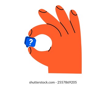 Hand drawn cute illustration hand hold speech bubble with question mark. Flat vector problem message in arm doodle. Ask for advice. Social media icon. Support or service. Seeking for help. Isolated.