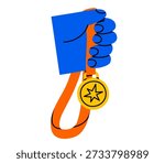 Hand drawn cute illustration of hand holding medal with ribbon. Flat vector golden 1st place badge in arm doodle. Competition winner sticker, icon. Professional award. Achieving the goal. Isolated.