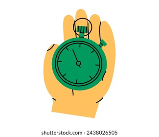 Hand drawn cute illustration hand holding timer clock. Flat vector time measurement device in doodle style. Stopwatch sticker. Deadline, limited in time. Time management. Sticking schedule. Isolated.