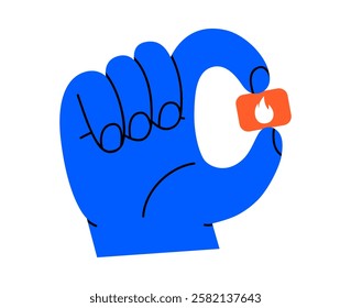 Hand drawn cute illustration of hand holding speech bubble with fire. Flat vector trendy content message in arm doodle. Social media popularity icon. Audience engagement. Follower reaction. Isolated.