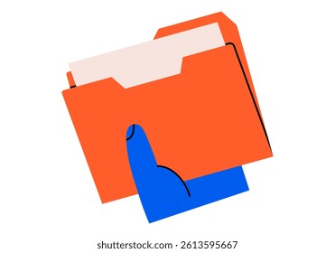 Hand drawn cute illustration of hand holding folder with documents. Flat vector file archive in arm doodle. Planning or time management icon. Paper office data. Catalog or organizer. Isolated.