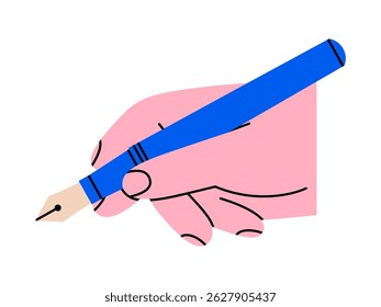 Hand drawn cute illustration of hand holding fountain pen. Flat vector school stationery doodle. Creative process. Designer or painter. Sign a document. Writing a message sticker, icon. Isolated.