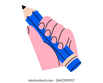 Hand drawn cute illustration of hand holding pencil. Flat vector school stationery in arm doodle. Creative process. Designer or painter. Education tool. Writing a message sticker, icon. Isolated.