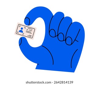 Hand drawn cute illustration of hand holding id card. Flat vector corporate badge in arm doodle. Company personal identification. Office worker identity icon. Security access pass. Isolated.