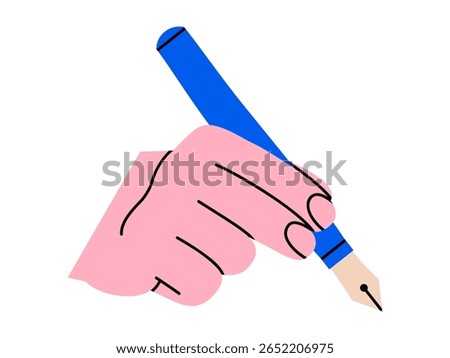Hand drawn cute illustration hand holding fountain pen. Flat vector school stationery doodle. Creative process. Designer or painter. Signature or autograph. Writing a message sticker, icon. Isolated.