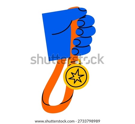 Hand drawn cute illustration of hand holding medal with ribbon. Flat vector golden 1st place badge in arm doodle. Competition winner sticker, icon. Professional award. Achieving the goal. Isolated.