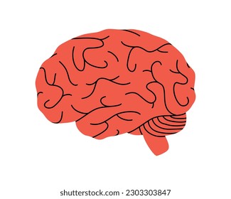 Hand drawn cute illustration human brain. Flat vector internal organ, intellect symbol in colored doodle style. Mental health, illness, medicine sticker, icon or print. Isolated on white background.