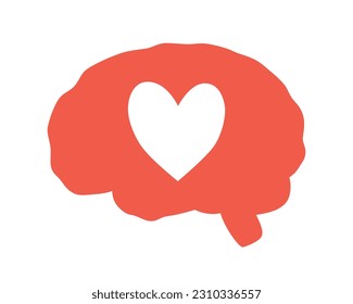 Hand drawn cute illustration of human brain with heart inside. Flat vector self love  symbol in doodle style. Mental health, illness, medicine sticker, icon. Isolated on white background.