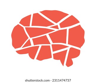 Hand drawn cute illustration of human brain shape broken into pieces. Flat vector depression, sorrow symbol in doodle style. Mental health, psychology sticker, icon. Isolated on white background.