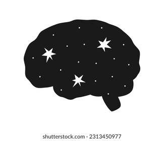 Hand dibujó una linda ilustración del cerebro humano con estrellas. Símbolo de autoamor vector plano en estilo doodle. Universo, cosmos dentro. Salud mental, pegatina de medicina, ícono. Aislado sobre fondo blanco.