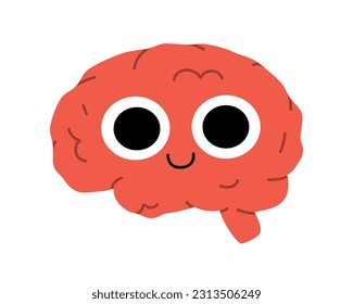 Hand drawn cute illustration human brain with smiling face. Flat vector organ, intellect symbol character in colored doodle style. Mental health, medicine sticker, icon or print. Isolated on white.