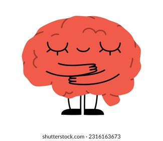 Hand drawn cute illustration of human brain hugs himself. Flat vector organ, intellect symbol character in colored doodle style. Mental health, self care and love sticker, icon or print. Isolated.
