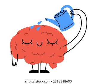 Hand drawn cute illustration of human brain watering himself. Flat vector organ, intellect symbol character in colored doodle style. Mental health, self care and love sticker, icon or print. Isolated.