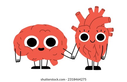 Hand drawn cute illustration human smiling brain and heart. Flat vector organ, mind and feelings characters in colored doodle style. Mental health, emotion balance sticker, icon or print. Isolated.