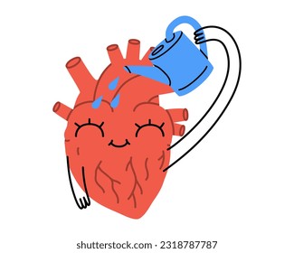 Hand drawn cute illustration human heart watering himself. Internal organ, feelings and emotions symbol character in doodle style. Mental health, self care and love sticker, icon. Isolated on white.