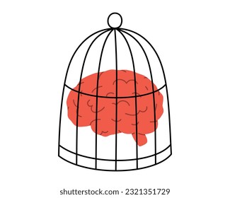 Hand drawn cute illustration of human brain in cage. Flat vector closed mind, limited thinking, ban on creativity in colored doodle style. Mental health, medicine sticker, icon. Isolated on white.