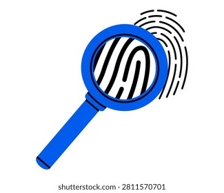 Hand drawn cute illustration of human fingerprint with magnifying glass. Flat vector biometric authentication doodle. Dactylogram of suspect analysis icon or print. True crime concept. Isolated.