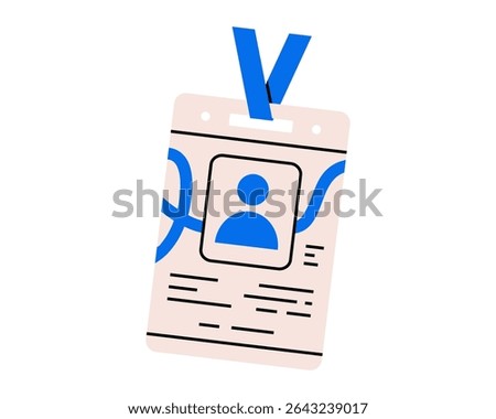 Hand drawn cute illustration of id card. Flat vector corporate badge with lanyard doodle. Company personal identification. Worker identity icon. Security access pass. Employee authentication. Isolated