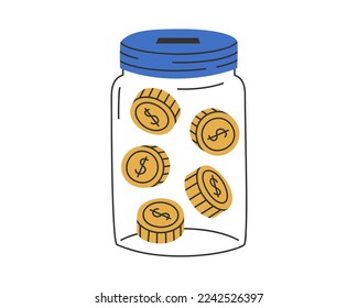 Hand drawn cute illustration of jar of coins. Flat vector donation bank in simple colored doodle style. Charity, philanthropy, volunteer, moneybox sticker, icon or print. Isolated on white background