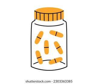 Hand drawn cute illustration with jar of antidepressants. Flat vector capsule, pill, tablet in bank in colored doodle style. Mental health, medicine sticker, icon. Isolated on white background.