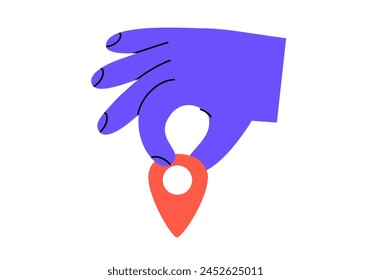 Hand drawn cute illustration hand with location pin or navigation mark. Flat vector arm holding landmark for map sticker in doodle style. Gps pointer icon. Delivery service. Strategy choice. Isolated