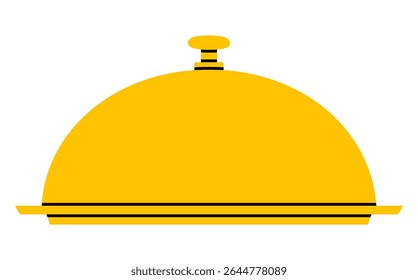 Mão desenhada ilustração fofa de cloche de metal e vista lateral da placa. Bandeja de vetor plana com doodle de tampa. Ícone de serviço ou manutenção. Surpresa ou conceito secreto. Etiqueta de serviço de entrega de alimentos. Isolado.