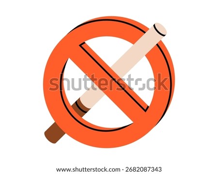 Hand drawn cute illustration no smoking sign. Flat vector smoking cigarettes is prohibited doodle. Breaking bad habit. Nicotine addiction icon or sticker. Caution symbol. Healthy lifestyle. Isolated.