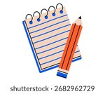 Hand drawn cute illustration of notebook with pencil. Flat vector office stationery doodle. Creative process. Writing or drawing sign. Education or study sticker, icon. Back to school. Isolated.
