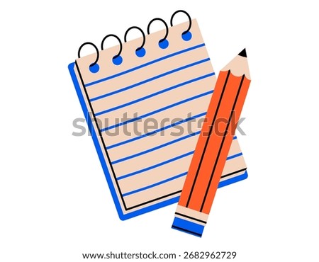 Hand drawn cute illustration of notebook with pencil. Flat vector office stationery doodle. Creative process. Writing or drawing sign. Education or study sticker, icon. Back to school. Isolated.