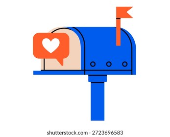 Mão desenhada ilustração bonito caixa de correio de rua aberta com como. Vetor plano caindo no amor mensagem rabiscar. Dia dos Namorados. Serviço de entrega. Relações on-line. Ícone de mídia social. Aplicativo de namoro. Isolado