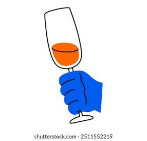 Dibujado a mano linda ilustración de la copa de vino de contorno en la mano. Brazo de Vector plano con cristalería de alcohol en estilo doodle. Alcoholismo o consumo excesivo de alcohol. Icono de fiesta de bar o restaurante. Menú de cócteles. Aislado.