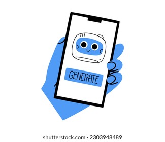 Hand dibujó una linda ilustración de la mano con el teléfono. Robar cabeza y generar botón. La inteligencia artificial vectorial plana genera texto o imagen en forma de doodle de color. Ai sticker, icono. Aislado.