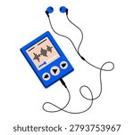 Hand drawn cute illustration of retro mp3 player with earphones. Flat vector old pocket device music listening sticker doodle. Obsolete audio electronic device icon. Nostalgia sign. Isolated.