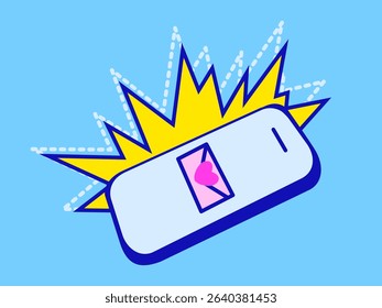 Hand drawn cute illustration of ringing smartphone. Flat vector telephone sticker in simple colored doodle style. New love message notification concept on smartphone. New email pop up. 