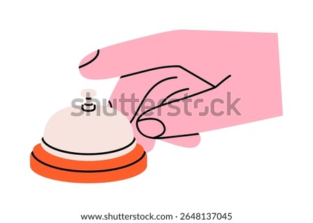 Hand drawn cute illustration hand ringing service bell. Flat vector arm pressing call ring doodle. Hotel reception icon. Alert message. Attention button. Customer help service sticker. Isolated.