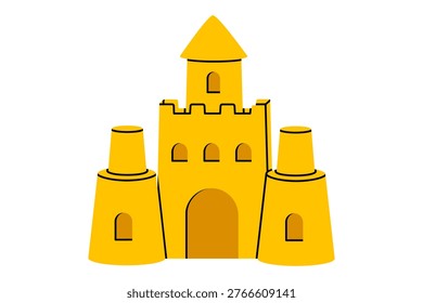 Hand drawn cute illustration of sand castle. Flat vector summer childrens beach game doodle sticker, icon. Fairy seaside building. Vacation leisure activity. Imagination or creativity. Isolated.