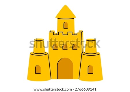 Hand drawn cute illustration of sand castle. Flat vector summer childrens beach game doodle sticker, icon. Fairy seaside building. Vacation leisure activity. Imagination or creativity. Isolated.