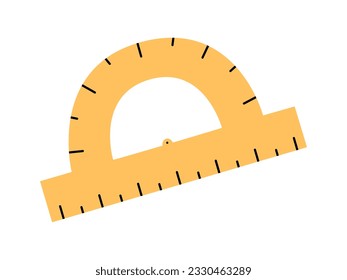 Hand drawn cute illustration of school protractor. Flat vector college stationery measuring tool in colored doodle style. Education or study sticker, icon. Back to school. Isolated on white.