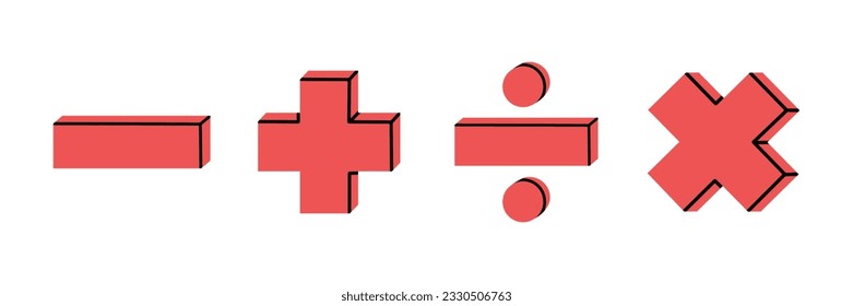 Hand dibujó una linda ilustración del signo de operaciones matemáticas en la escuela. Añada plana vectorial, sustracción, multiplicación y división en forma de doodle de color. De vuelta a la escuela, icono. Aislado.