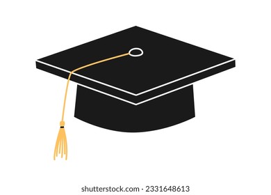 Hand drawn cute illustration of school graduation hat with tassel. Flat vector college graduate costume cap in colored doodle style. Education or study sticker, icon. Back to school. Isolated.