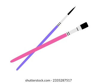 Hand drawn cute illustration of school paint brush. Flat and rigger or liner paintbrush. Flat vector stationery drawing tools in colored doodle style. Education sticker, icon. Back to school. Isolated