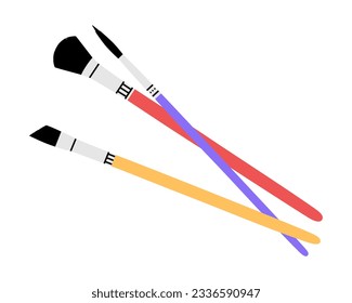 Hand drawn cute illustration of school paint brush. Angle, round and mop paintbrush. Flat vector stationery drawing tools in colored doodle style. Education sticker, icon. Back to school. Isolated.